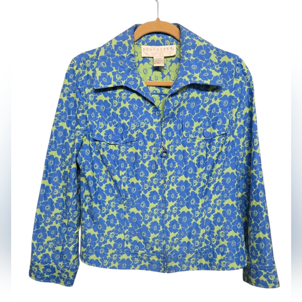 DONCASTER Vintage Cotton Silk Blend Zip Up Jacket Sz 10 Blue & Green